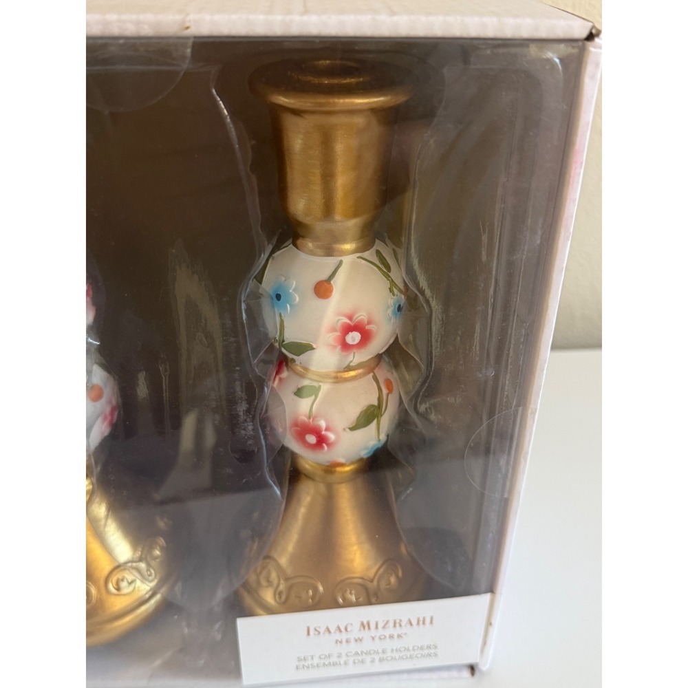 Isaac Mizrahi New York Floral Gold Candle Holders Set of 2 Taper Stands - Picture 3 of 8